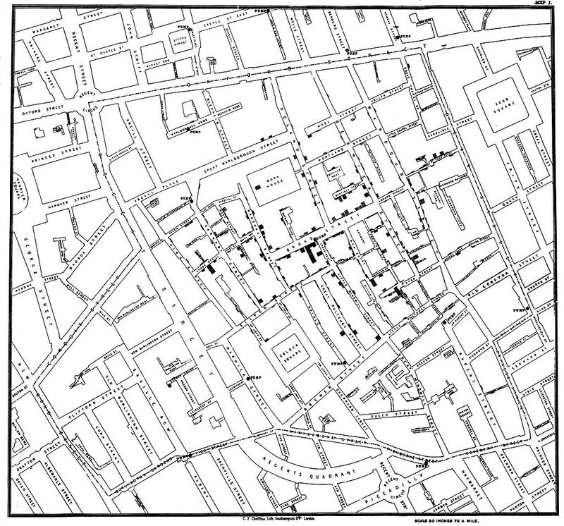 Mapa que muestra cómo se propagó la epidemia a través del agua contaminada. Wikimedia Commons